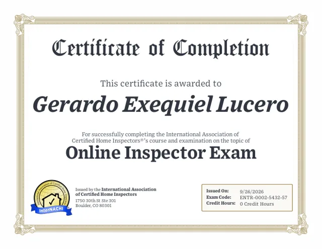 InterNACHI® Online Inspector Exam certificate, Gerardo Lucero