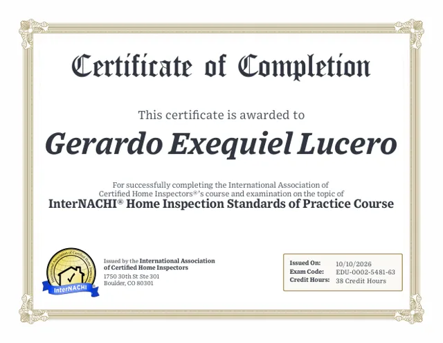 InterNACHI® Home Inspection Standards of Practice certificate, Gerardo Lucero